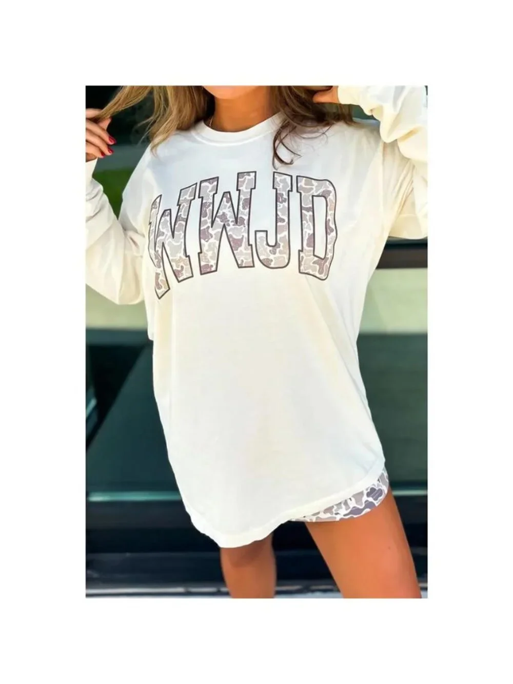 WWJD Camo Letter Printed Long Sleeve Top